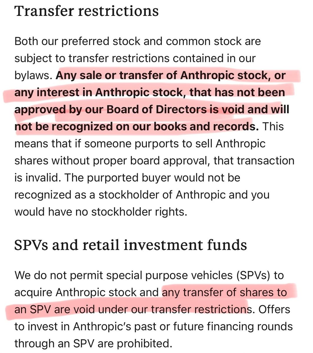 Anthropic's transfer restrictions policy showing that any sale or transfer of Anthropic stock not approved by their Board of Directors is void, and that SPVs are not permitted to acquire Anthropic stock